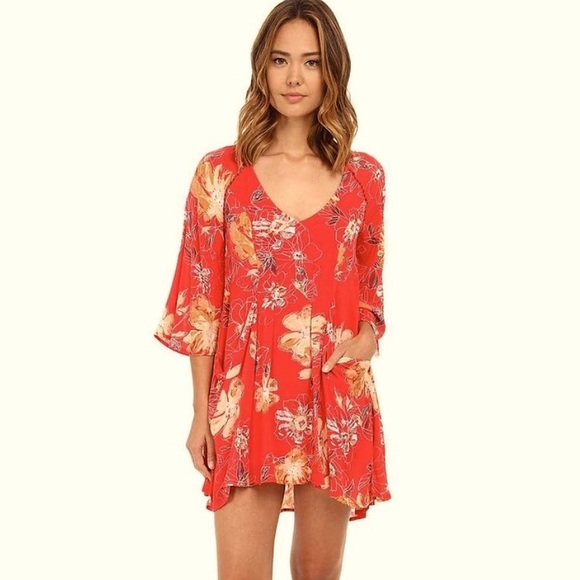 Free People Red Floral Vintage Long-Sleeve Mini Dress - Picture 15 of 15